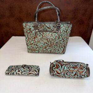 Patricia Nash Turquoise Tooled Leather Shoulder Bag/ Wallet Set Double Handles